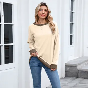 Sweat-shirt ample à col rond confortable avec bord-côtes contrastés pour les femmes