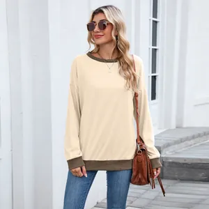 Sweat-shirt décontracté à col rond pour femme avec finitions en maille côtelée marron