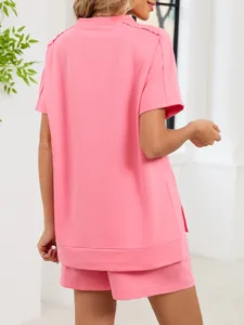 Back view of pink short sleeve loose T-shirt and shorts lounge set for women