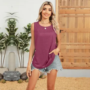 Close-up detail of women's sleeveless round neck purple tank top with pleated chest