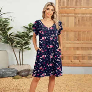 Summer navy blue floral V-neck dress with double ruffle sleeves and side pockets
