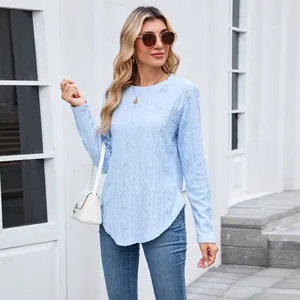 Light blue long sleeve top featuring a textured pattern and curved hem on model