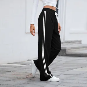 Vue latérale du pantalon de jogging noir à jambes larges avec bandes blanches