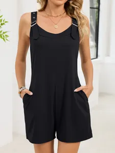 Elegant black sleeveless romper for women featuring metal buckle straps and functional pockets.