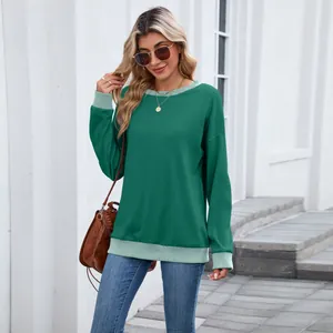 Sweat-shirt vert à col rond pour femme avec finitions côtelées contrastées et coupe ample