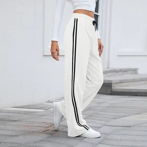 Détail du pantalon de jogging blanc à jambes larges avec bandes latérales et cordon