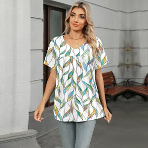 Camiseta informal de mujer con cuello en V, estampado de hojas de colores y ajuste holgado