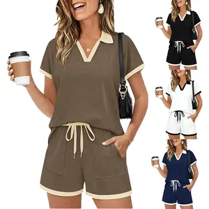 Damen American Style Casual Baumwollmischung Sportliches Top And Bottom Kontrastborte Kurzarm V-Ausschnitt Polo Shorts Co-ords
