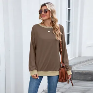 Sweat-shirt à manches longues pour femme avec col rond et bordures côtelées