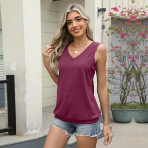 Lifestyle view of a casual V-neck sleeveless maroon tank top for women in spring