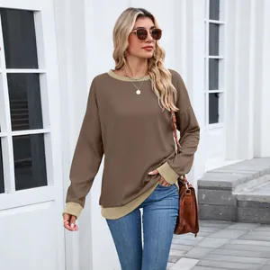 Sweat-shirt décontracté marron café bicolore avec col et poignets en bord-côte beige