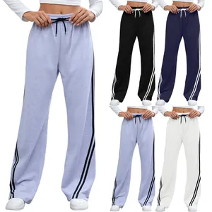 Pantalon de Jogging Ample à Jambes Larges pour Femmes Coton Bio Polyester Rayures Latérales Cordon Taille Haute Pantalon Casual