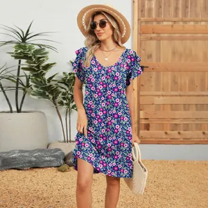 Floral V-neck mini dress with double-layered ruffle sleeves for stylish summer resort look