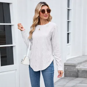 Stylish women's white long sleeve top with textured knit and curved hem
