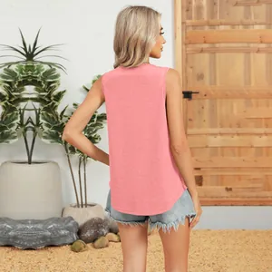 Detailed back view of a pink sleeveless round neck casual summer tank top for women