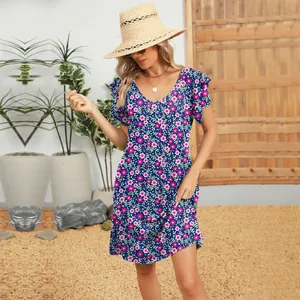V-neck floral short sleeve dress with double layer ruffled sleeves detail