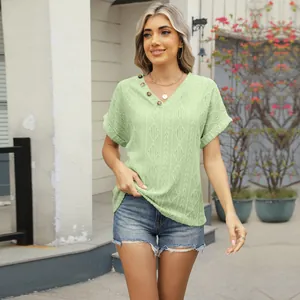 Loose light green V-neck jacquard knitted T-shirt with button details