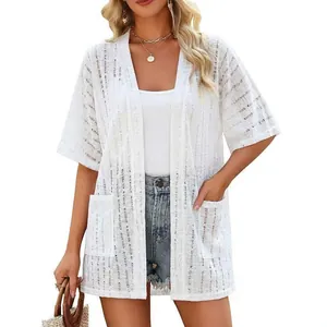 Dames wit vest met korte mouwen en textuur zomerse open beach cover-up met zakken