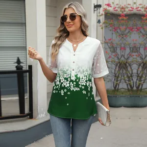 Elegant white to green gradient floral V-neck chiffon blouse with sheer lace sleeves.