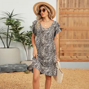 Chic summer V-neck leopard print dress featuring elegant double layer ruffled sleeves detail