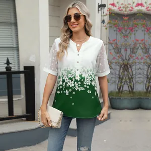 Elegant white and green gradient floral chiffon blouse featuring sheer lace sleeves