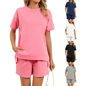 Women Casual Organic Cotton Spliced Top And Bottom Round Neck Side Slit T-Shirt Drawstring Pockets Shorts Leisure Set