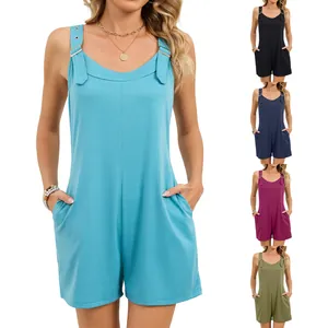 Women Fashion Summer Romper Rayon Adjustable Buckle Strap Sleeveless Jumpsuit With Pockets Loose Casual Playsuit Top And Bottom