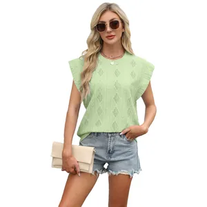 Haut en tricot jacquard vert clair à manches courtes évasées pour femme mode d'été