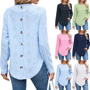 Women Casual Long Sleeve Top Crew Neck Back Button Curved Hem Hollow Out Rhombus Texture Rayon Blend Shirt For Autumn Winter