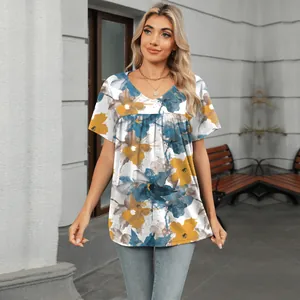 Camiseta informal de mujer con cuello en V, estampado floral y corte holgado