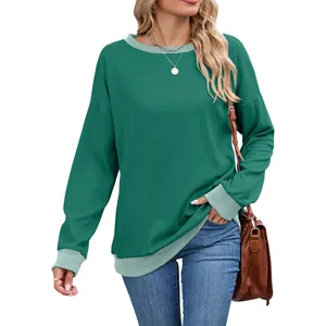 Sweatshirt femme col rond ample à manches longues avec finitions côtelées bicolores