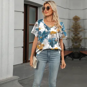 Camiseta de verano para mujer con cuello en V e impreso de manga corta