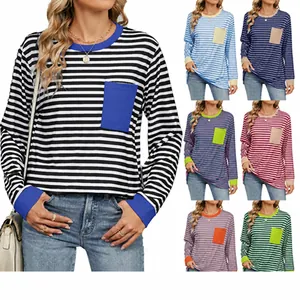 Casual long-sleeved striped T-shirt with contrast pocket and cuffs in multiple colors
