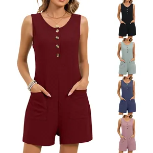 Pagliaccetto Casual in Cotone Biologico Strutturato da Donna Senza Maniche Tuta Monopetto Con Tasche Tinta Unita Estate Top Und Bottom