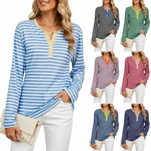 Collection of various colored long-sleeve striped V-neck Henley tops for women