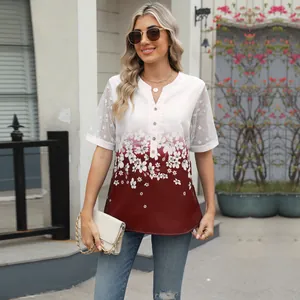 Elegant V-neck chiffon blouse featuring floral print gradient and mesh lace sleeves