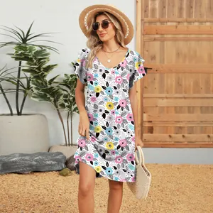 Close-up detail of the floral print V-neck dress with double-layered ruffle sleeves.