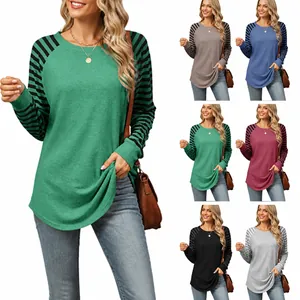 Color variants of women's round neck long sleeve T-shirt with striped raglan sleeves