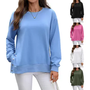 Damen Casual Einfarbig Bio-Baumwollmischung Sweatshirt Rundhalsausschnitt Langarm Seitenschlitz Knopfdetail Pullover Sweatshirt Top