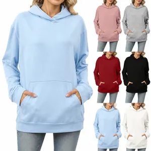 Oversized women's pullover hoodie with a kangaroo pocket in various cozy solid colors