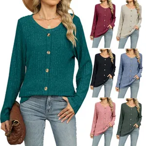 Multiple color options for women's casual ribbed long sleeve crew neck button-up top