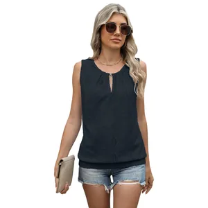Women's V-neck sleeveless crochet jacquard top featuring a decorative buckle at the neckline