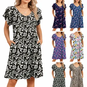 Women V-Neck Ruffle Sleeve Floral Print Dress Casual A-Line Summer Vacation Dress With Pockets Top And Bottom