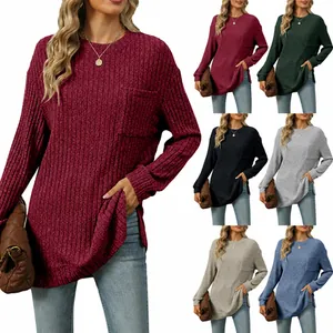 Close-up detail of women's long sleeve ribbed knit sweater shown in six various colors