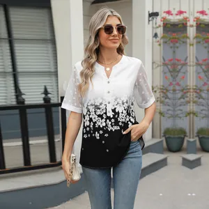 Detailed view of floral V-neck chiffon blouse with elegant lace mesh sleeves.