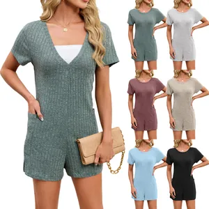Women Reversible V-Neck Short Sleeve Romper With Pockets Loose Ribbed Knit Summer Beach Jumpsuit Casual Solid Color One Piece