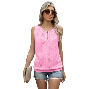 Stylish pink sleeveless jacquard vest with V-neck buckle detail for women