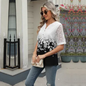 Elegant V-neck chiffon blouse featuring floral gradient print and delicate lace sleeves