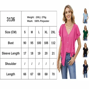 Detailed size chart for women's summer ruffle sleeve shirt with multiple color options