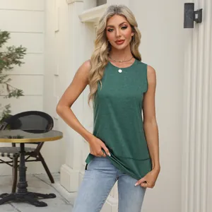 Κορυφαίο casual σκούρο πράσινο αμάνικο μπλουζάκι με στρογγυλή λαιμόκοψη και σκίσιμο